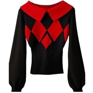 Dames Gebreide Trui Met Diamantpatroon, Warme Winterse Lange Mouwen en Slanke Trui for Casual en Kantoorkleding(Red)