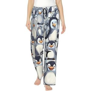 Leuke Baby Pinguïns Schets Print Vrouwen Zachte Polyester Lounge Pyjama Broek - Losse Comfortabele Slaap Joggingbroek Met Zakken, Zwart, S
