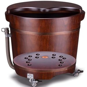 PA-DABAOO Houten Voetbad, Emmer Met Voettherapie Met Deksel, Houten Voetbademmer Met Wielen, Emmer Voor Pedicure, Voetwasbekken, Geschikt Voor Weken, Massage, Spa, Sauna,30cm