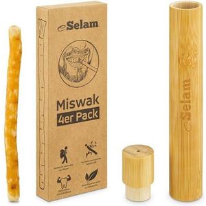 Siwak Premium Miswak Set van 4 - tandenborstelhout met natuurlijke flouriden + bamboe case reisetui van bamboe voor Miswak - eSelam