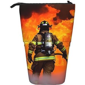 TOMPPY Brandweerman Brandweerman Vlam Gedrukt Etui Telescopische Potlood Pouch Staande Pen Houder Briefpapier Organiseren Potlood Tas met Rits, Zwart, Eén maat, Make-up zakje