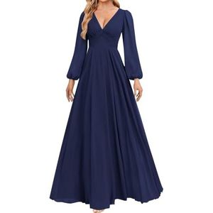 HPPEE Bruidsmeisjesjurken met lange mouwen voor dames, geplooid, A-lijn, V-hals, chiffon, formele avondjurk, feestjurk, Donkerblauw, 32