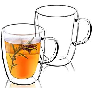 KADAX Dubbelwandige glazen mok, glas met handvat, 270 ml, drinkglas voor sap, thee, koffie, drank, water, ijsthee, cappuccino, universeel glas, theeglas, hoogwaardige kwaliteit (2)