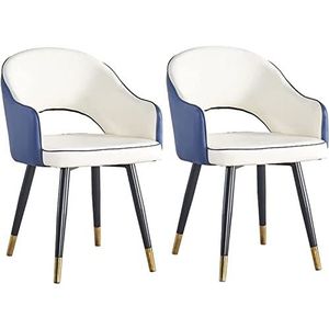 GEIRONV Keuken eetkamerstoel set van 2, PU lederen zijstoel Nordic Modern Woonkamer Eetkamer Accent Arm Stoelen Waterdicht met metalen poten Home Stoel (kleur: wit+blauw, Maat: 85 x 45 x 48 cm)