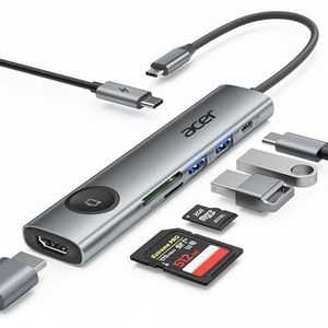 acer USB C Hub 7IN1, USBC naar HDMI 4K@60Hz, 2x USB 3.0, Type-C 5Gbps, PD 100W Opladen, SD-kaart, USB-C Docking Station Multiport voor iPad/MacBook Pro, Surface Pro, Laptop, Tablets, PC
