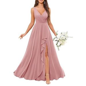 Chiffon baljurken voor dames, mouwloos, bruidsmeisjesjurken voor bruiloft, cocktailjurk, grote maten, Stoffige Roos, 32