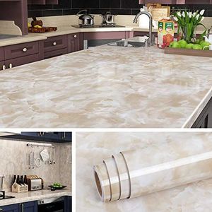 Livelynine 500 CM x 90 CM Brede Marmerfolie Voor Meubels Bureau Salontafel Eettafel Tafelfolie Aanrecht Keuken Zelfklevende Folie Meubels Goud Marmerfolie Zelfklevende Folie Keuken Beige Hoogglans