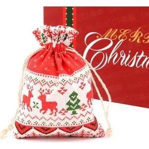 Linnen jute tas 10 x 14 / 13 x 18 cm kerst afdrukken katoenen linnen zakken trekkoord sieraden cadeau display doe-het-zelf verpakking Halloween feest gunst snoep zakken (kleur: rode eland, maat: 10 x