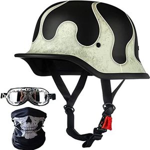 Motorhelm in Duitse stijl, schedelkap voor volwassenen Halve helm + gezichtsmasker + veiligheidsbril DOT-goedgekeurde heren en dames retro open gezichtshelm halfschaal voor scooter cruiser bromfiets