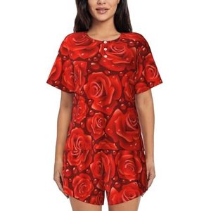 Veel rode rozen print dames zomer zachte tweedelige bijpassende outfits korte mouw pyjama lounge pyjama sets, Zwart, 4XL