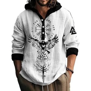 JHBTFQ Viking Heren Hoodie 3D-print Bamboe-linnen Stof Met Capuchon Kraag Knopen Shirt Lange Mouwen Noords Cadeau,Odin raven,4XL