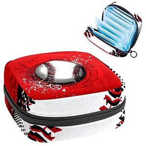 Maandverband Opbergtas,Draagbare maandverband Opbergzak,Sport Baseball Rode achtergrond, Meerkleurig, 4.7x6.6x6.6 in/12x17x17 cm