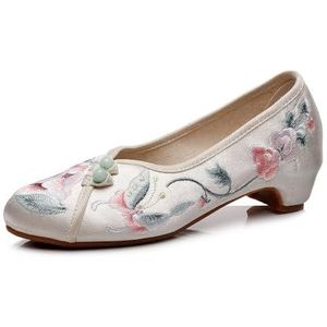 Dames Hanfu Antieke Stijl Schoenen Chinese Traditionele Stijl Geborduurde Bloemschoenen Casual Puntige Neus Oude Beijing Stoffen Schoenen Cheongsam Yoga Balletschoenen(Color:Beige,Size:38 EU)