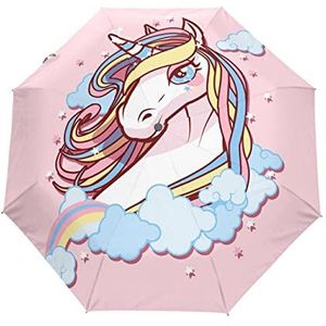 Roze Paard Eenhoorn Automatische Paraplu Winddicht Opvouwbare Paraplus Auto Open Sluiten voor Meisjes Jongens Vrouwen, Patroon, M