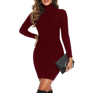 Aottori Wintertrui-jurk voor dames, gebreide trui-jurk, lange mouwen, coltrui, tops, A-wijn Rood, S