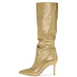 Womens Sexy Puntschoen Knie Hoge Laarzen Mode Goud Winter Laarzen Fetish Hoge Hakken Stripper Club Party Prom Pompen Schoenen maat 34-46 LiJJi