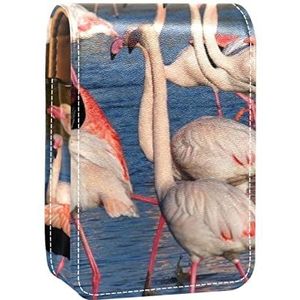 Draagbare Lipstick Case voor op reis,Mini Lipstick Opbergdoos met spiegel voor vrouwen dames, Lederen Cosmetische Pouch Flamingo Patroon, Meerkleurig, 9.5x2x7 cm/3.7x0.8x2.7 in