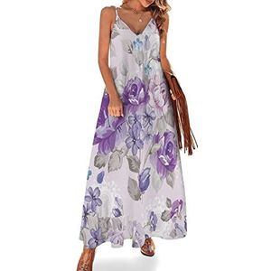 Paarse bloemenroos dames zomer maxi-jurk V-hals mouwloze spaghettiband lange jurk
