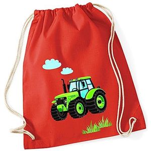 minimutz Gymtas voor kinderen en jongens, van katoen, motief tractor, bulldog met wolken en gras, schoenenzak, sporttas om aan te trekken, met koord, 37 cm x 46 cm, rood, 37 x 46 cm
