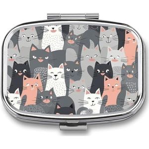 Pillendoos 2 compartimenten medicijn pillendoosje schattig grappig grijs katten patroon bedrukt draagbare pillendoos reizen pillenorganisator voor zak portemonnee dagelijkse geneeskunde vitamine doos