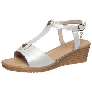 Dames 5 Cm Sandalen Met Sleehak 2024 Nieuwe Glanzende Sandalen Retro Romeinse Sandalen Met Gesp Vrije Tijd Boho Strandschoenen Elegant Peep Toe Hoge Hakken for Feest(Silver,36 EU)