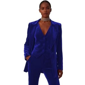 Fluwelen broek voor dames, 3-delig pak met piekrevers voor pak, blazer, vest, broek, balsmoking, kantoorwerk outfit, koningsblauw, XS