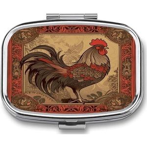 Oude haan Illustratie Pillendoos Pil Organizer Pil Case 2 Compartiment Geneeskunde Pil Organizer Kleine Pil Case Pil Container Pillenhouder Leuke Pillendoos Mini Pillendoosje