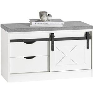 SoBuy Schoenenbank Schoenenkast met Gewatteerd Kussen, Gewatteerde Bank, Opbergbank, Opbergkast met Gevoerde Zitting, 2 Schuurdeuren, 2 Planken en 2 Laden, Wit, 80 x 30 x 49 cm, FSR153-W