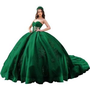 Fuomomo Quinceanera Prinsessenjurk met ruches en staart Quinceanera jurk van tule met parels schattige jurk 16 MT052, Groen, 42