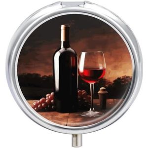 Ronde draagbare pillendispenser, prachtig rode wijn en fles bedrukte reismedicatie organizer 3 compartimenten geneeskunde opbergdoos met spiegel