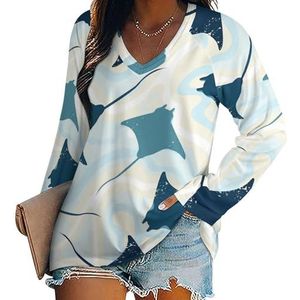 Bovenaanzicht Manta Water Aquatic Vrouwen V-hals Shirt Lange Mouw Tops Casual Losse Fit Blouses