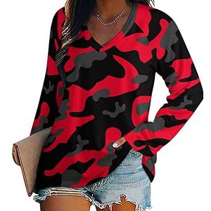 Rode Camouflage Dames Lange Mouw V-hals T-shirts Herfst Tops Trui Tuniek Tee voor Leggings