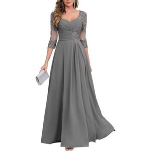 KIYNE Dames kanten applicatie chiffon moeder van de bruid jurken met mouwen V-hals geplooide avond formele jurk, Grijs, 34