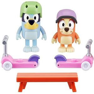 Bluey Scooter Fun Play Set: Bluey and Bingo Articulated 6cm Action Figures with 2 Scooters, 2 Helmets and Bench Official Collectable Toy