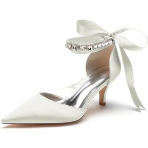 EICOFF Bruids Bruiloft Pumps Dames Hoge Hakken Gesloten Teen Satijn Jurk Hof Schoenen met Strass Enkelband Partij Avondschoenen,ivoor,36 EU