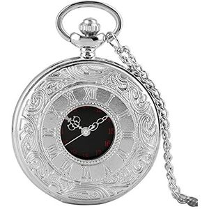 Zakhorloges Zwarte Romeinse cijfers Quartz Pocket Horloge Heren Dames Zwart Holle Case Stoom Retro Hanger Ketting Beste Geschenken for Mannen en Vrouwen (Color : Silver 80cm Chain)