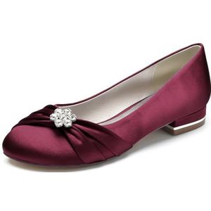 Trouwjurk Schoenen voor Vrouwen Ronde Neus Bruids Flats Satijn Ballet Flats Slip On Avond Prom Party Pumps,Burgundy,36 EU