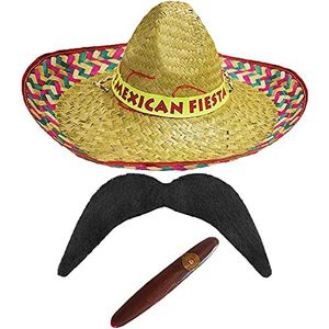 MEXICAANSE RODE SOMBRERO VOOR HEREN MET MEXICAANSE FIESTA BAND + ZWARTE MOUSTACHE + JUMBO CIGAR FANCY JURK ACCESSOIRES SET MEXICAANSE SPAANSE SET (PACK VAN 1)