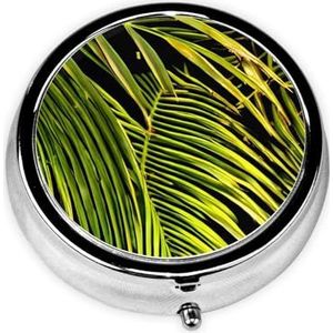 Tropische palmbladeren pillendoos metalen ronde kleine pillendoos schattig 3 compartimenten pillenorganisator draagbare reizen pillendoos mini pillencontainer houder voor dagelijkse geneeskunde