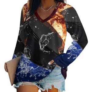 Homewish Ice And Fire Casual T-shirts met lange mouwen voor dames, V-hals, bedrukte grafische blouses, T-tops, 3XL