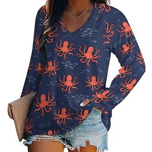 Octopus Leuke T-shirts met lange mouwen en V-hals voor dames, herfsttops, trui, tuniek, T-shirt voor leggings