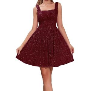 HPPEE Sprankelende pailletten thuiskomst jurken voor vrouwen mouwloos knielengte cocktail feestjurk prom baljurk, Bordeaux, 32