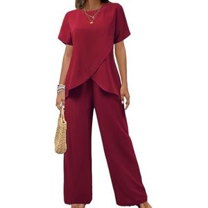 Leader of the Beauty Dames zomer 2-delige outfits korte mouw casual moeder V-hals top lange broek pak set, Bordeaux, L