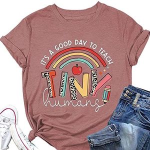 It's A Good Day to Teach Tiny Humans T-Shirt Vrouwen Zomer Leuke Regenboog Apple Potlood Print Tees Leraren Dag Gift Tops, Rose Goud 2, XL