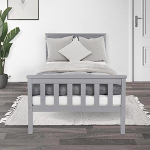 ML-Design Houten Bed 90x200 cm Lichtgrijs, Massief Grenen, Ledikant met Lattenbodem en Voeten, Eenpersoonsbed met Hoofdbord en Voetenbord, Bed voor Kinderen en Volwassenen, Massief Houten Bed