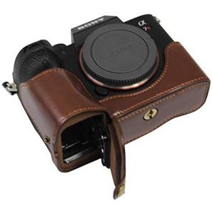 Onderste opening versie voor Sony Alpha 7R IV / A7R IV beschermende PU lederen halve camera tas met statief ontwerp met handriem, DONKERBRUIN