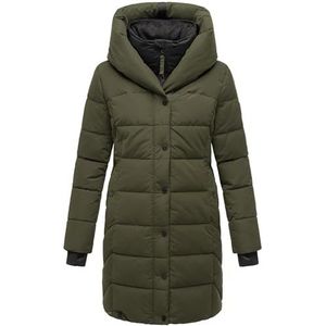 Navahoo Winterjas voor dames, warme gewatteerde jas, lang, met capuchon en afneembare fleece kraag, knoopsluiting, XS-XXL, dark olive, S