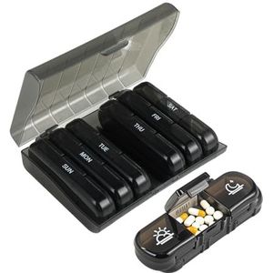 Pillendoos, wekelijks, 3 vakken, 7 dagen, 21 vakken, draagbaar, voor medicijnen, vitaminen, visolie, reisdagboek, zwart