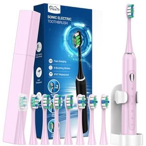 Elektrische tandenborstel, sonische tandenborstel voor volwassenen en kinderen, elektrische tandenborstel met 5 modi, reisetui, 40000VPM en 8 tandenborstelkoppen, 60 dagen batterijduur, timer (roze)
