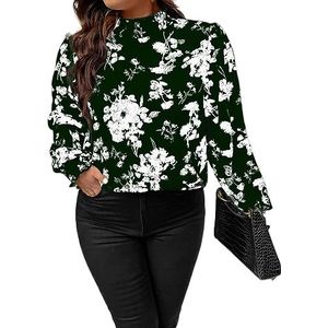 damestop in grote maten Plus blouse met opstaande hals en lantaarnmouwen met bloemenprint (Color : Dark Green, Size : XXL)